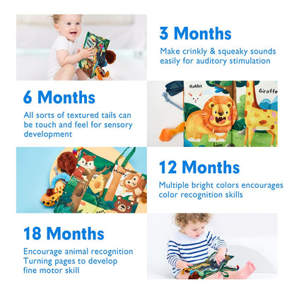 hahaland Baby Book Toy 0 3 6 12 Months - Touch and Feel First Crinkle Cloth Soft Book for Babies 0 Months, Baby Boy Girl Gifts for Newborn Infant - Jungly Tails Theme 🍁 All In One Marketplace Canada