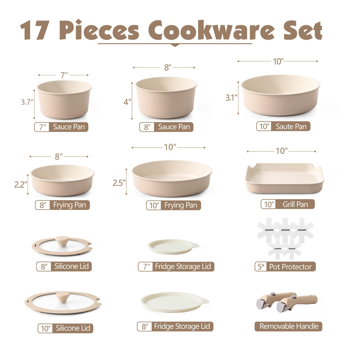 SENSARTE 17 Piece Ceramic Pots and Pans Set, Nonstick Detachable Handle Cookware, Induction Kitchen Cookware Set with Removable Handle, Dishwasher ＆ Oven Safe (Almond Beige) 🍁 All In One Marketplace Canada