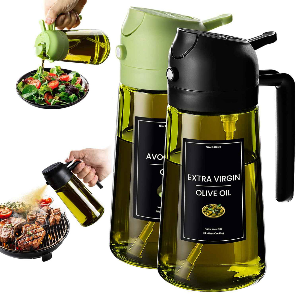 CXINYI 16oz/470ml Olive Oil Dispenser Bottle with Stickers - 2 in 1 Olive Oil Spray Bottle, Air Fryer & Salad, Light-Proof Glass Kitchen Gadgets, Black&Green 🍁 All In One Marketplace Canada