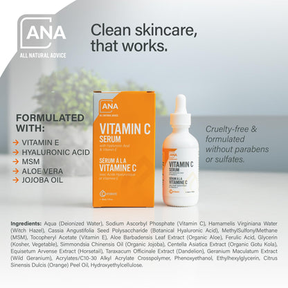 All Natural Advice Vitamin C Serum 60mL | 20% Vitamin C Face Serum Solution with Organic Botanicals, Hyaluronic Acid & Vitamin E | UV-Shielding Glass Bottle, Spray & Dropper | Canadian Skin Care 🍁 All In One Marketplace Canada
