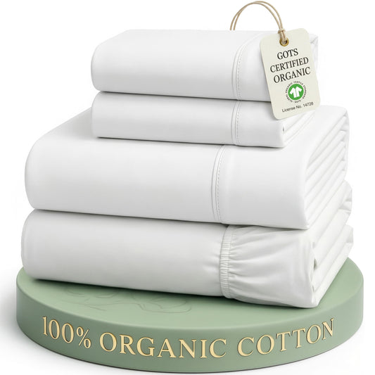 Lane Linen 100% Organic Cotton Queen Sheet Set, 4-Piece Percale Bed Sheets for Queen Bed - Soft, Breathable, Hypoallergenic, Deep Pocket Fits Mattress Up to 15" Deep, Hotel Quality Sheets - White 🍁 All In One Marketplace Canada