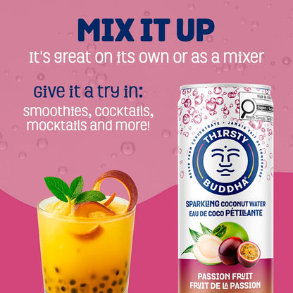 THIRSTY BUDDHA Sparkling Coconut Water with Passion Fruit, No Added Sugar, Pure Coco Drink, Natural Fruit Flavour, Electrolyte & Nutrient-Rich, 12 Pack, (12/330ml) 🍁 All In One Marketplace Canada