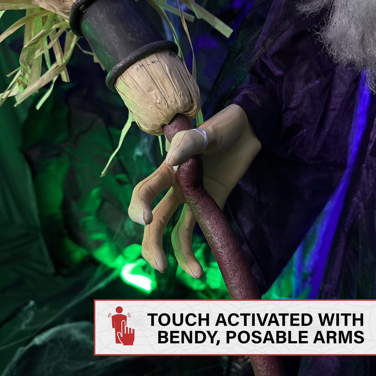 Haunted Hill Farm Life-Size Scary Talking Witch with Broomstick, Halloween Animatronic with Touch Activated Lights and Sound, Battery Operated Indoor or Covered Outdoor Halloween Decorations
