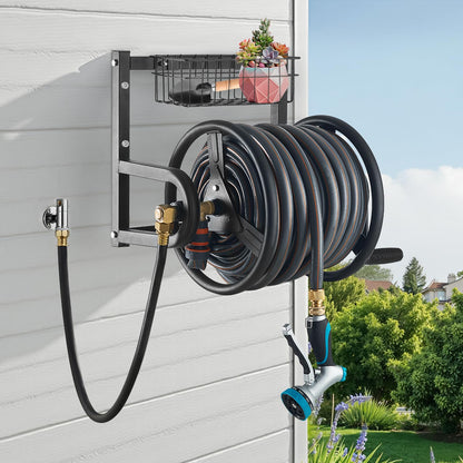 VEVOR Wall Mounted Garden Hose Reel, Holds 125 ft 5/8-inch Hose, Heavy-Duty Water Hose Winder, Space-Saving Design, Outdoor Manual Reel with Brass Fitting and Storage Basket for Yard Lawn 🍁 All In One Marketplace Canada