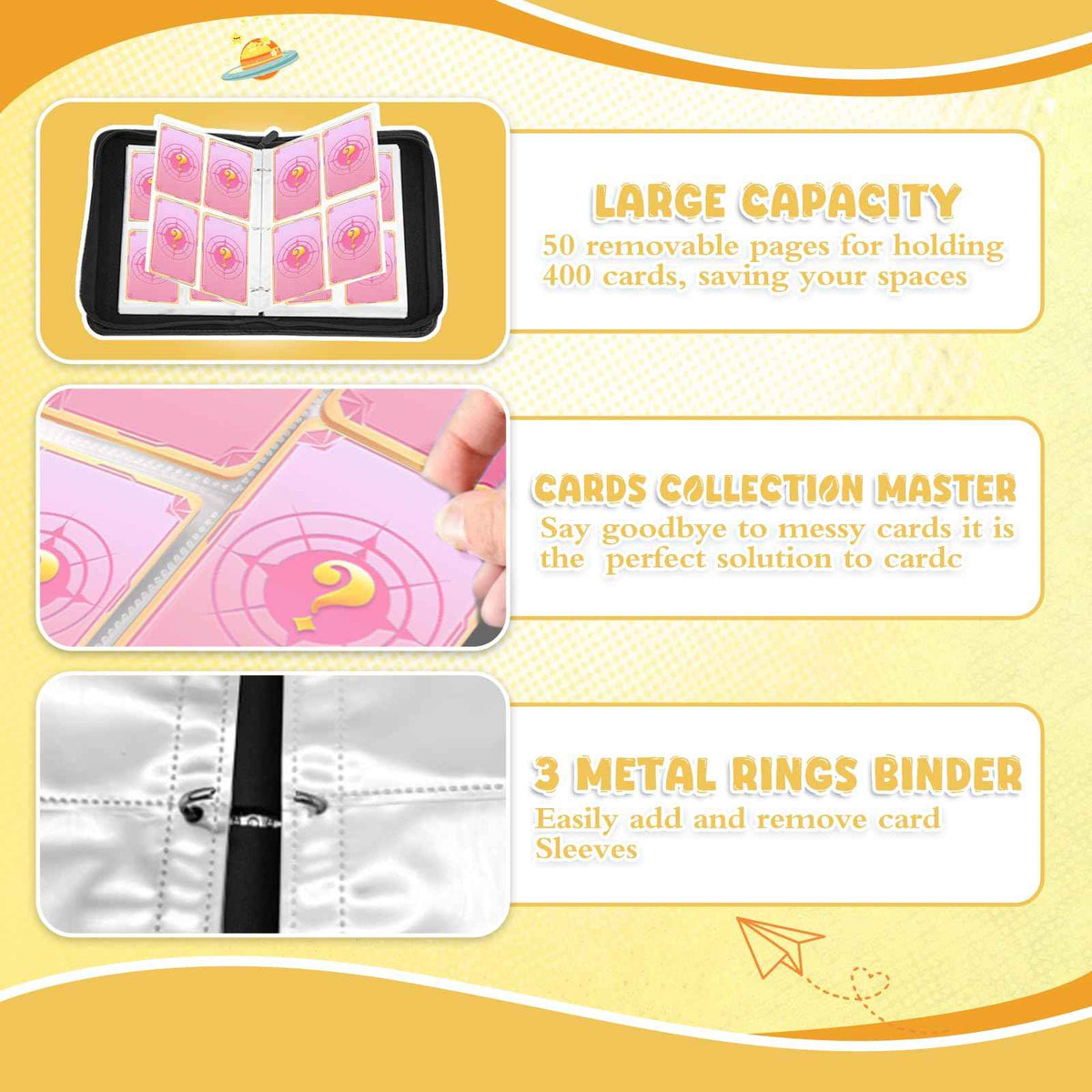 Trading Card Binder, 400 Pocket Cards Holder, 50 Double Sided Removable Pages, Portable Cards Album Holder Card Collection Xmas Gifts for Kids Stocking Stuffers, Yellow 🍁 All In One Marketplace Canada