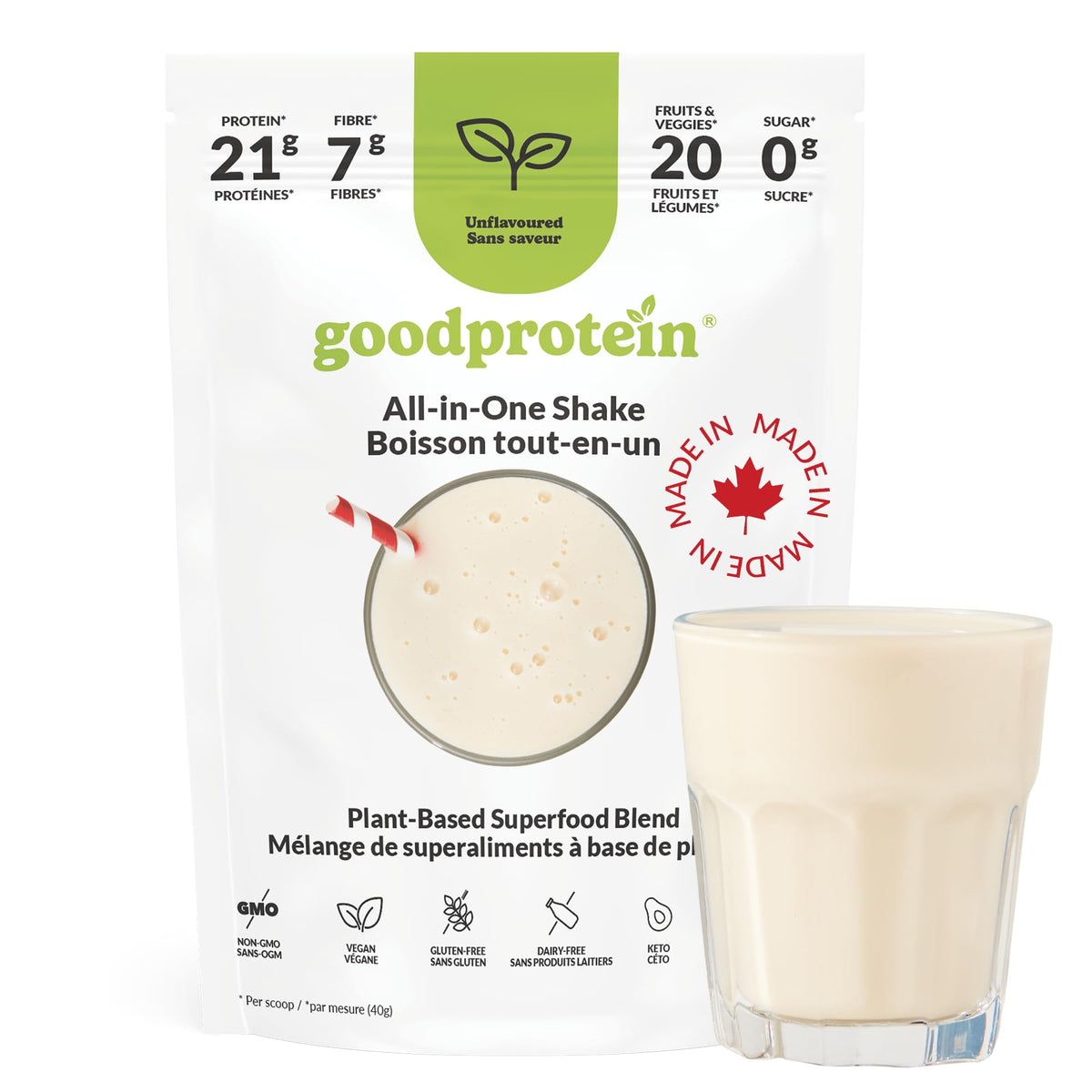 Good Protein Vegan Plant-based Protein Powder 100% Natural, Non-GMO, Dairy-free, Gluten-free, Soy-free, No Added Sugar and Nothing Artificial. Unflavoured All-in-One Shake 800 grams 🍁 All In One Marketplace Canada