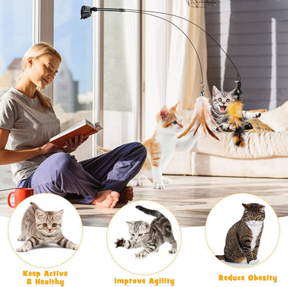 Cat Feather Toys, Cat Toys Wand, Interactive Cat Toy with Super Suction Cup, 2 PCS Cat Wand Toy and 6 PCS Feather Replacements with Bell, Interactive Cat Toy Kitten Toys for Indoor Play Chase Exercise (Natural) 🍁 All In One Marketplace Canada