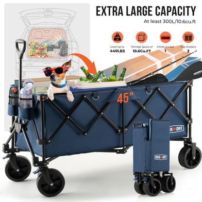 Overmont 300L Foldable Collapsible Wagon - Heavy Duty Utility Beach Wagon Cart with Rotatable Wide Wheels Inside Pockets for Camping Garden Shopping Sports - 440lbs Load 🍁 All In One Marketplace Canada