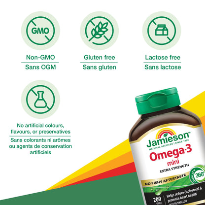 Jamieson Omega-3 Mini Softgels, No Fishy Aftertaste, Improves Heart Health, and Supports Brain Health. With 210 mg EPA and 140 mg DHA, No Burpback, Easy to Swallow, Gluten-Free, Non-GMO, 200 Count 🍁 All In One Marketplace Canada