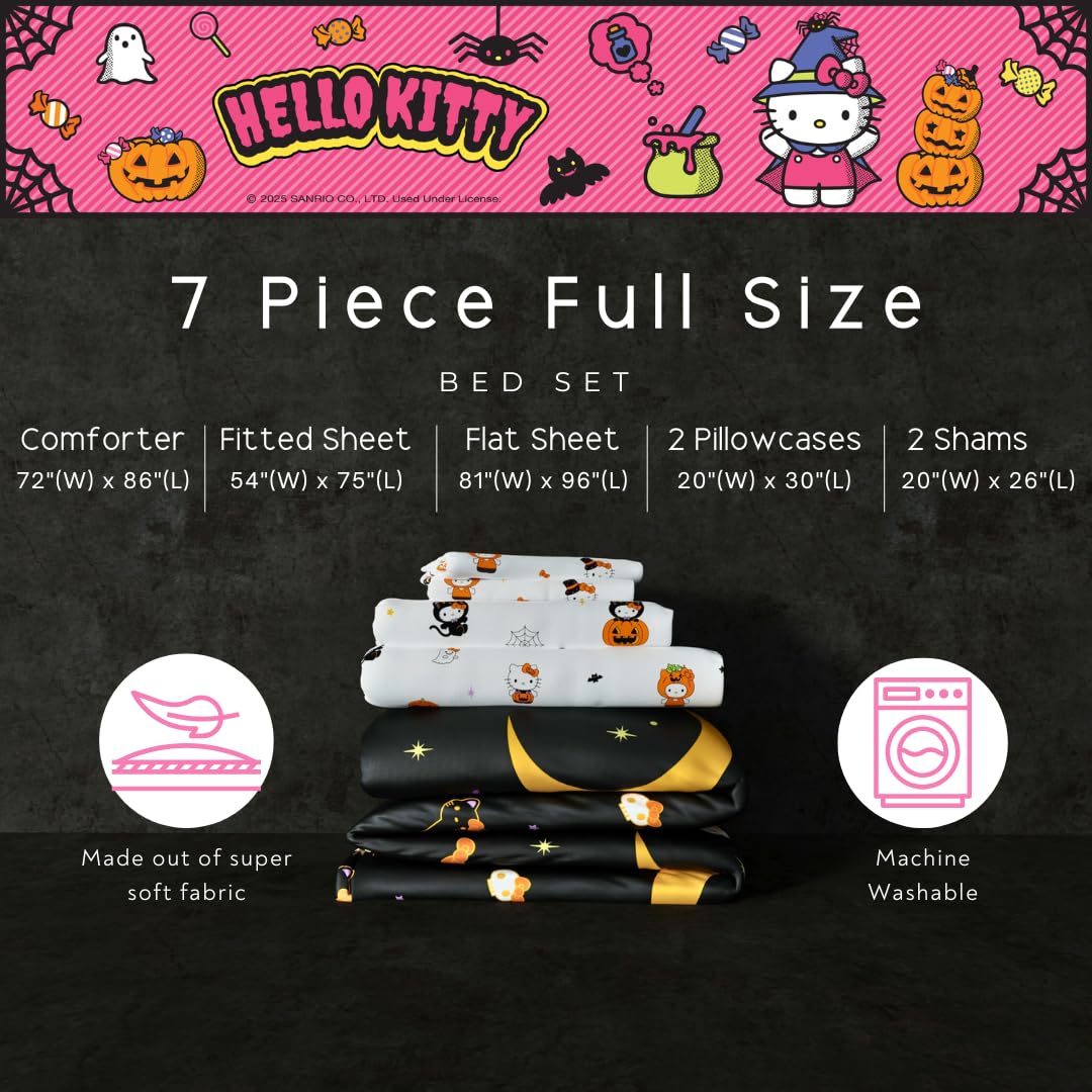 Sanrio Hello Kitty Halloween Pumpkin Full Bed Set – Super Soft & Cozy 5 Piece Reversible Comforter and Sheet Set (Officially Licensed Product) by Franco