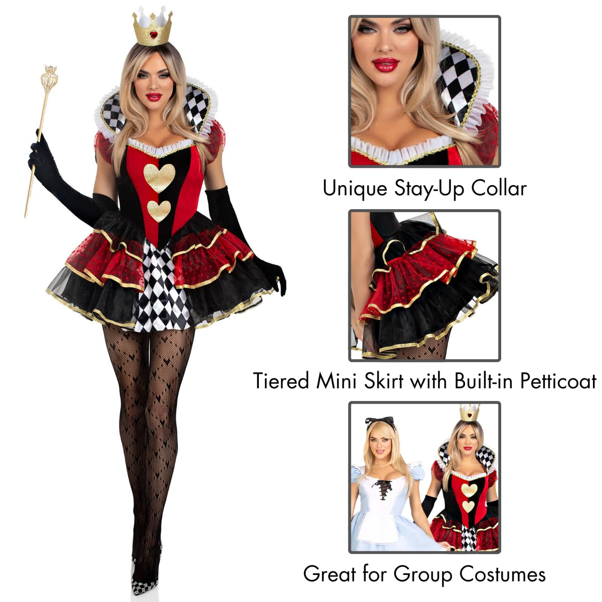 Leg Avenue Womens 2 Pc Queen of Hearts Halloween Costume for Women, Multicolor, Large