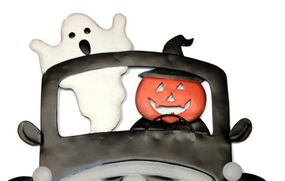 18" Halloween Metal Pumpkin and Ghost on Truck Outdoor Yard Stake