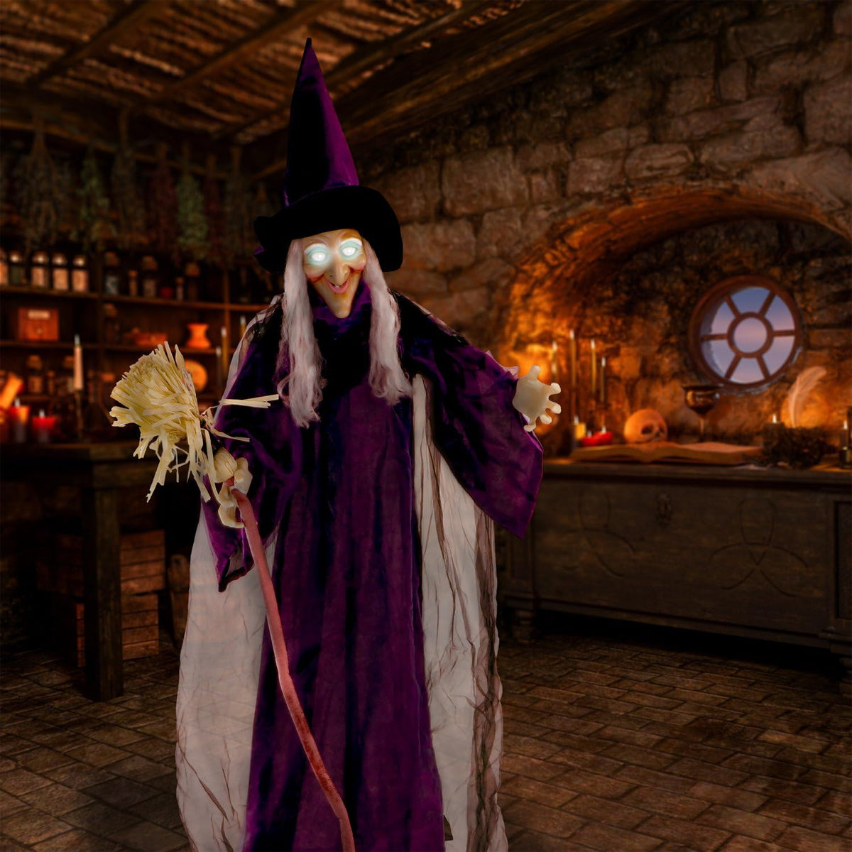 Haunted Hill Farm Life-Size Scary Talking Witch with Broomstick, Halloween Animatronic with Touch Activated Lights and Sound, Battery Operated Indoor or Covered Outdoor Halloween Decorations