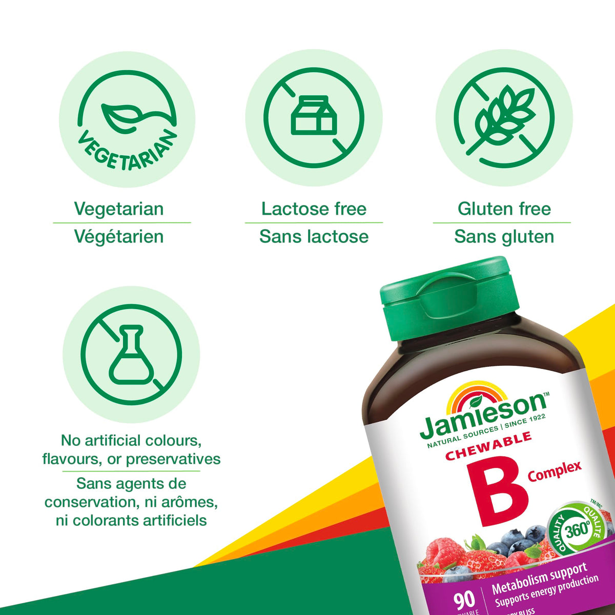 Jamieson Vitamin B Complex, 90 Chewable Tablets, Natural Berry Flavour. Naturally Energizing, Supports Metabolism, Provides Folate. Vegetarian, No Artificial Flavours, Colours or Preservatives 🍁 All In One Marketplace Canada