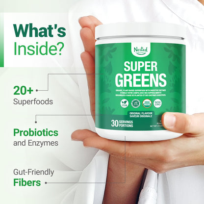 Nested Naturals Super Greens Powder - Organic Daily Greens Superfood Powder w/ 20+ Whole Foods, Spirulina, Wheat Grass & Barley Grass - Probiotics, Fiber & Enzymes - USDA Certified Organic, Original Flavour, 30 Servings 🍁 All In One Marketplace Canada