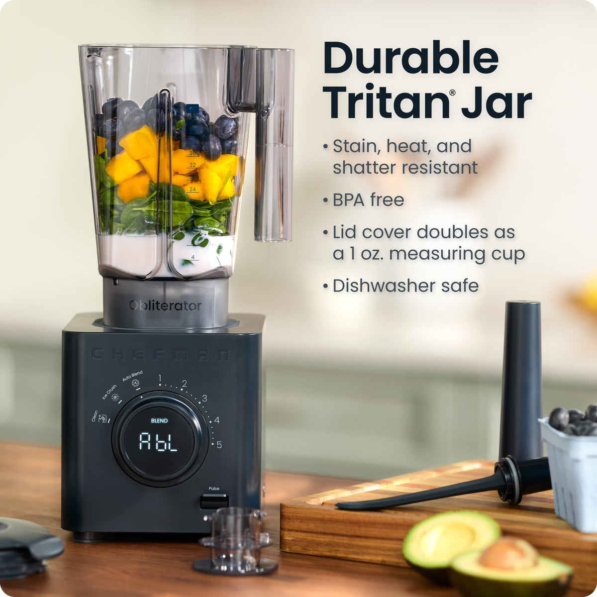 Chefman Obliterator 48 oz Countertop Blender for Smoothies, 1380W Motor to Crush Ice,Nuts & Frozen Fruit with Stainless Steel Blade Auto Blend Function, Includes Tamper & Scraper-MIDNIGHT 🍁 All In One Marketplace Canada