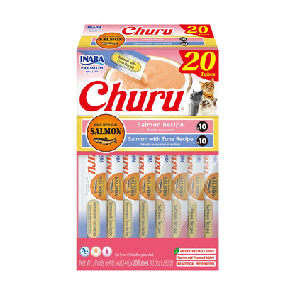 INABA Salmon Churu Cat Treats, Lickable, Squeezable Creamy Purée Cat Treat with Green Tea Extract & Taurine, 14 Grams Each Tube, 20 Tubes, Salmon & Tuna Variety Box 🍁 All In One Marketplace Canada