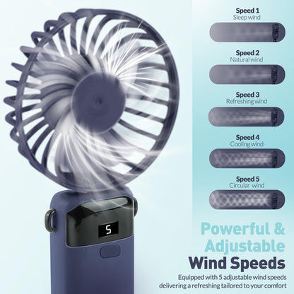 Portable Handheld Fan Rechargeable Small Fan 5 Speeds with Lanyard and Base USB Desk Fan Foldable Quiet Personal Fan with LED Display for Office, Home, Travel, Outdoor 🍁 All In One Marketplace Canada