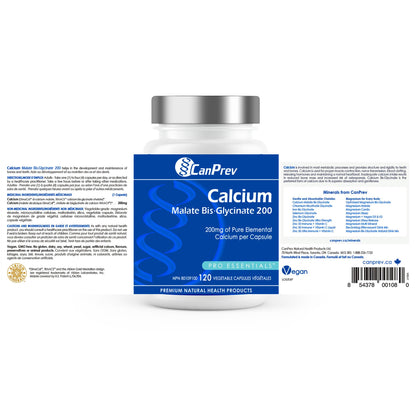 CanPrev Calcium Malate Bis-Glycinate Supplement, 120 Capsules 120-Day Supply - Therapeutic 200mg Elemental - Ideal for Healthy Bones, Teeth, Muscle Cramps and Promote Relaxation - Vegan and Non-GMO 🍁 All In One Marketplace Canada