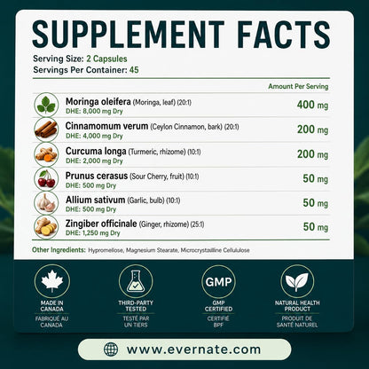 ALL-IN-ONE Moringa 8000 mg with Ceylon Cinnamon 4000 mg, Tart Cherry, Turmeric, Ginger & Garlic (Per Serving: 2 Capsules) – Antioxidant, Detox, Energy & Metabolic Support – Made in Canada 🍁 All In One Marketplace Canada