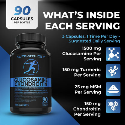 Nutratology® Glucosamine Joint Supplement with Chondroitin, MSM & Turmeric | Canadian-Made | Joint Pain Relief Supplements - 1500MG Glucosamine - Supports Healthy Joints & Cartilage - 90 Capsules 🍁 All In One Marketplace Canada