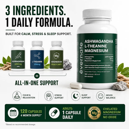 ALL-IN-ONE Ashwagandha 6000mg with L-Theanine 200mg & Magnesium Bisglycinate Chelated – Stress, Sleep, Mood, Calm & Relaxation Support – Non-GMO Vegan – 120 Capsules, 4 Month Supply – 1 Capsule Daily – Made in Canada 🍁 All In One Marketplace Canada