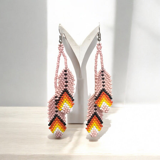 OldTribes™ lights pink Beaded Feather Earrings