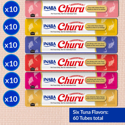 INABA Churu Cat Treats, Lickable, Squeezable Creamy Purée Cat Treat with Green Tea Extract & Taurine, 14 Grams Each Tube, 60 Tubes, Tuna Variety Box 🍁 All In One Marketplace Canada