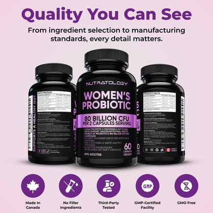 Nutratology® Probiotics for Women | Canadian-Made | 40 Billion CFUs per Capsule | Bloating Relief & Digestion | 4 Strains of Women's Probiotic for Gut Health | 60 Capsules 🍁 All In One Marketplace Canada