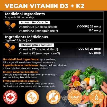 VITAMIN D3 K2 (MK-7) VEGAN | HIGH POTENCY•VALUE SIZE | Supports Prevention of Osteoporosis & Heart Calcification | Immune, Bone & Heart Health Supplement | Canadian Made Vitamin D3 Vitamin K2 🍁 All In One Marketplace Canada