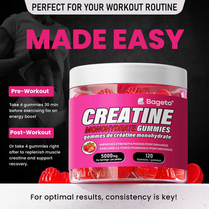 Creatine Monohydrate Gummies 5000mg for Men & Women, Gomitas de Creatina 5g Creatine Monohydrate, 0g Sugar Creatine Pre-Workout for Muscle Strength, Vegan, 120 Count Strawberry (Pack of 1) 🍁 All In One Marketplace Canada