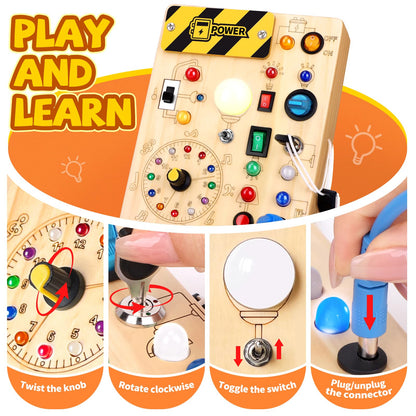 Busy Board Plus Version with 23 LED Lights, Montessori Sensory Fidget Toys for Toddlers 1-3, Wooden Educational Activity for Fine Motor Skills, Quiet Airplane Travel Must Haves for 1 2 3+ Year Old 🍁 All In One Marketplace Canada