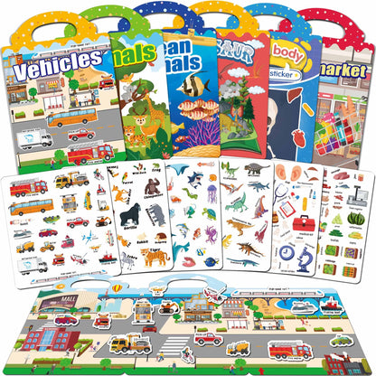 iGetooy Reusable Sticker Book, 6 Sets Sticker Book for Kids, Jelly Stickers for Kids, Vehicles, Animals, Ocean, Dinosaurs, Supermarket, Human Body 🍁 All In One Marketplace Canada