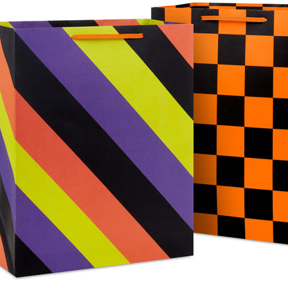 Hallmark Halloween Assorted Gift Bags Bulk - Black, Orange and Purple (12 Bags: 5 Medium 9", 4 Large 13", 3 Extra Large 15") Stripes, Polka Dots, Solids for Kids, Teachers, Birthdays