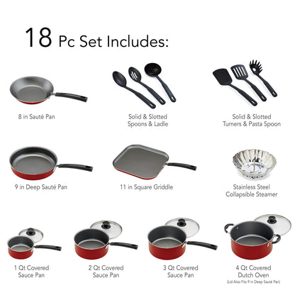 Tramontina PrimaWare 18 Pc Aluminum Nonstick Cookware Set, Red 🍁 All In One Marketplace Canada