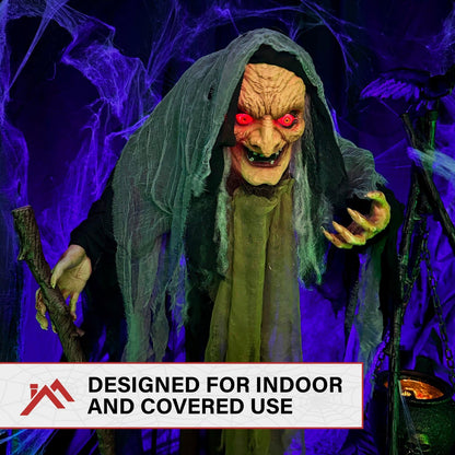 Haunted Hill Farm Life-Size Scary Poseable Talking Witch, Halloween Animatronic with Touch Activated Lights and Sound, Battery Operated Indoor or Covered Outdoor Halloween Decorations, Halloween Prop