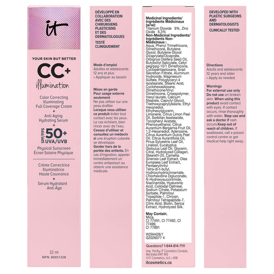 IT Cosmetics Your Skin But Better CC+ Cream Illumination, Light (W) - Color Correcting Cream, Full-Coverage Foundation, Anti-Aging Serum & SPF 50+ Sunscreen - Radiant Finish - 1.08 fl oz 🍁 All In One Marketplace Canada