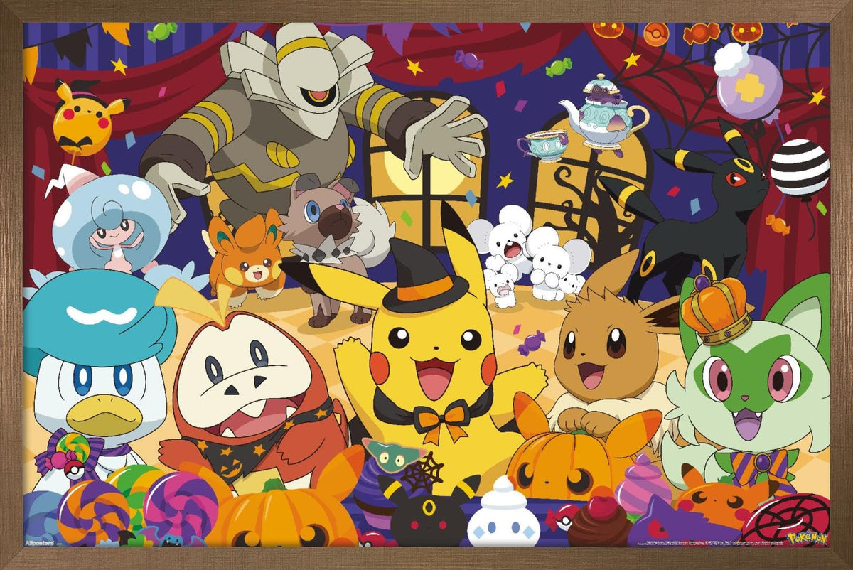 Pokémon: Halloween Party- Group Wall Poster, 34L" x 22.4W", Bronze Framed Version