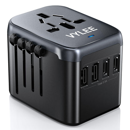 VYLEE Universal International Power Travel Plug Adapter, 5 in 1 European Travel Plug Adapter W/ 3.5A 2xUSB-A and 2xUSB C Wall Charger and Worldwide AC Outlet for Europe USA UK AUS Asia (Black Grey) 🍁 All In One Marketplace Canada