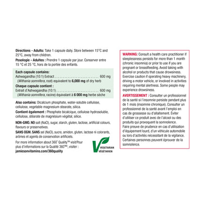 Jamieson High-Potency Ashwagandha 6,000 mg, Increases Resistance to Stress, Adaptogen, and Enhances Memory. Non-GMO, Vegetarian, Gluten-Free, Only One Per Day, 60 Capsules 🍁 All In One Marketplace Canada