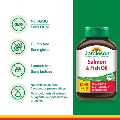 Jamieson Salmon and Fish Oil 1,000 mg Softgels, Bonus Size, Supports Heart and Brain Health. With Wild Salmon, EPA and DHA, Non-GMO, Gluten-Free, 200 Count, Proudly Canadian 🍁 All In One Marketplace Canada