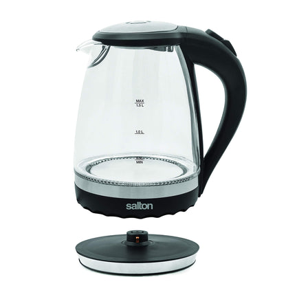 Salton Cordless Electric Glass Kettle - Compact 1.5L/Quart Water Boiler and Tea Heater with Automatic Shut-Off and Boil-Dry Protection, Soft Blue Illumination, Stainless Steel, 1100 Watts 🍁 All In One Marketplace Canada