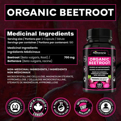 *BONUS SIZE* 180 Capsules of High Potency Organic Beetroot Capsules | 1,400mg per serving (700mg per capsule x2) Canadian Made Beet Root Powder | Antioxidant Support | Support Active Energy Lifestyle | A Natural Super Food | Quality Assured