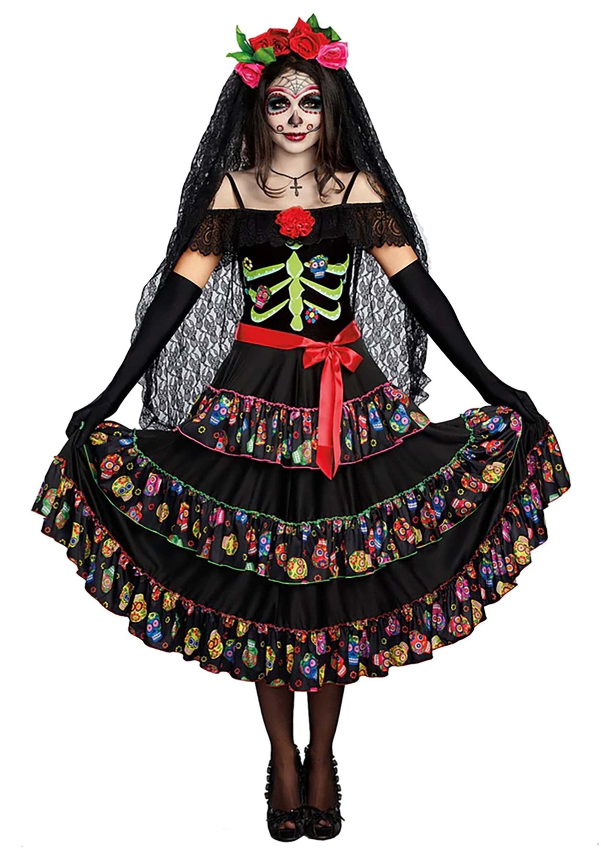 Dreamgirl Womens Lady of the Dead Costume, Adult Day of the Dead Halloween Costume Medium