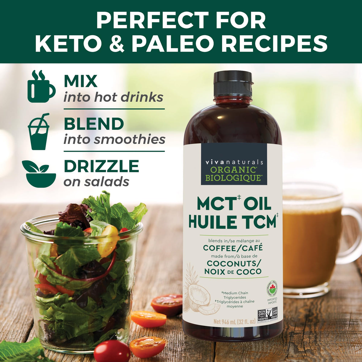 Viva Naturals MCT Oil Organic for Keto Coffee, Smoothies and Salad Dressings - Made from Organic Coconuts - Gluten Free, Dairy Free, Vegan, Keto & Paleo Certified - (946 mL, 32 fl oz) 🍁 All In One Marketplace Canada