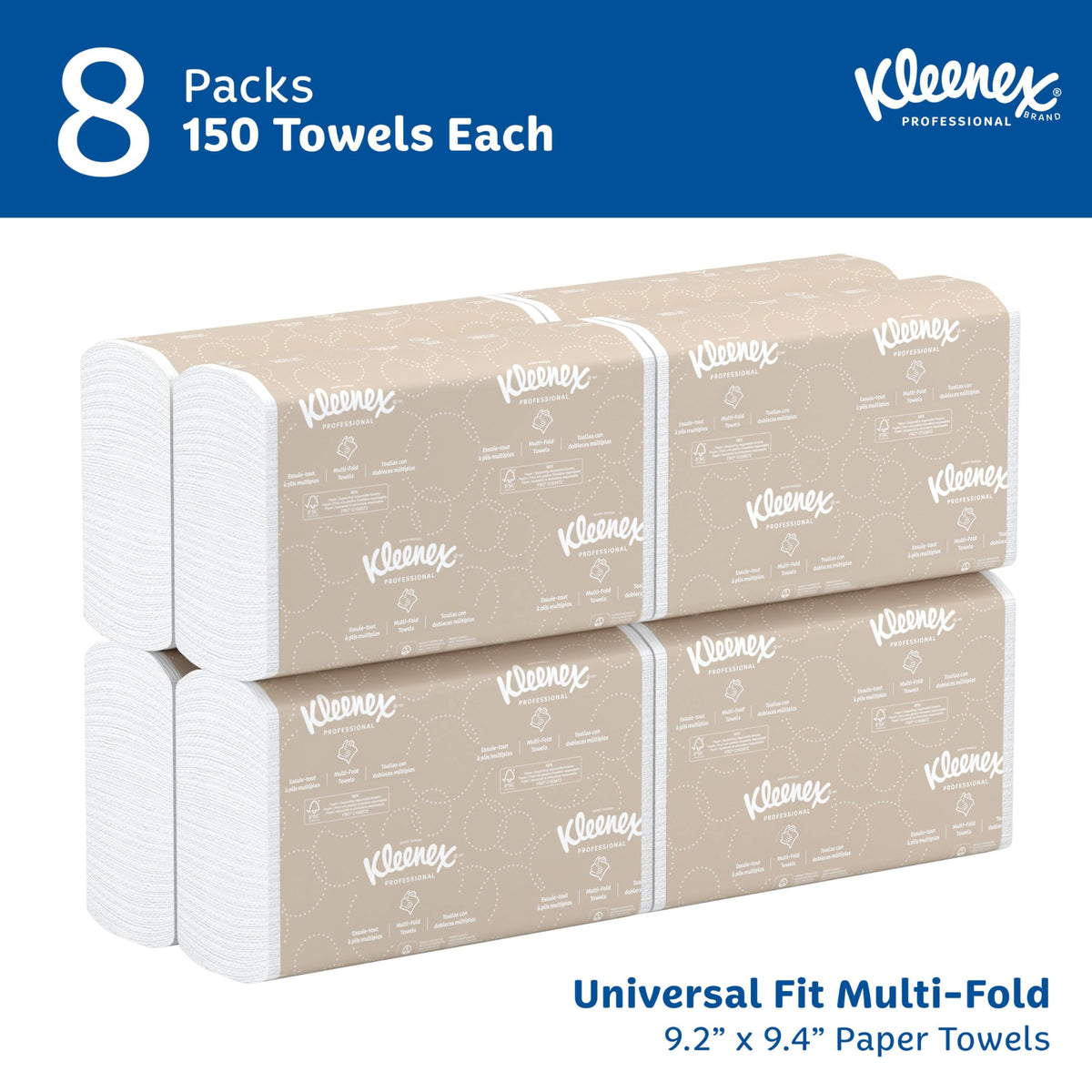 Kleenex Professional Universal Multifold Paper Towels, Bulk (02046), Absorbency Pockets, 9.2" x 9.4" Towel, White (150 Sheets/Pack, 8 Packs/Case, 1,200 Sheet Total) 🍁 All In One Marketplace Canada