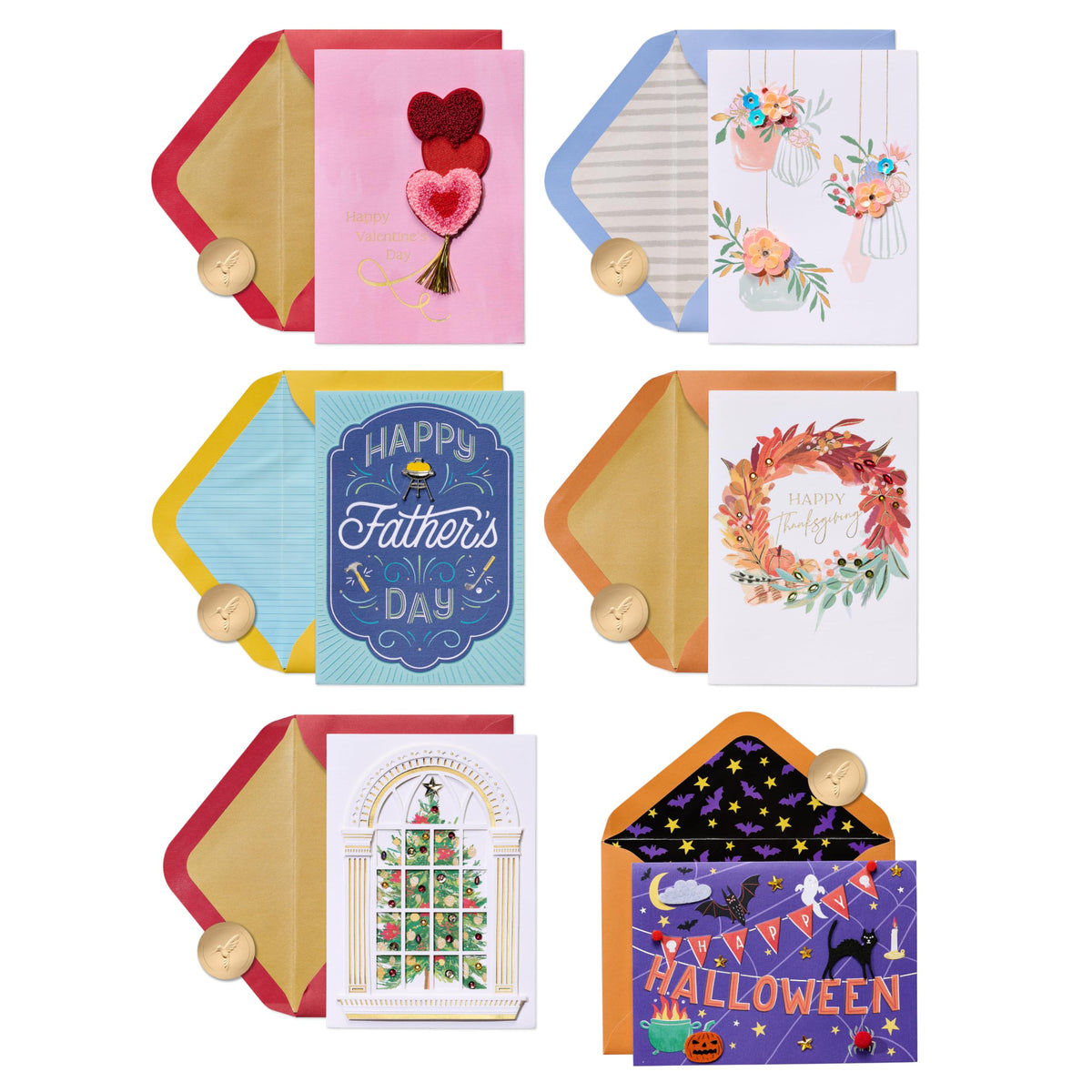 Papyrus All Holiday Card Assortment with Decorative Box, 6-Count (Valentine's Day, Mother's Day, Father's Day, Thanksgiving, Halloween, Christmas)