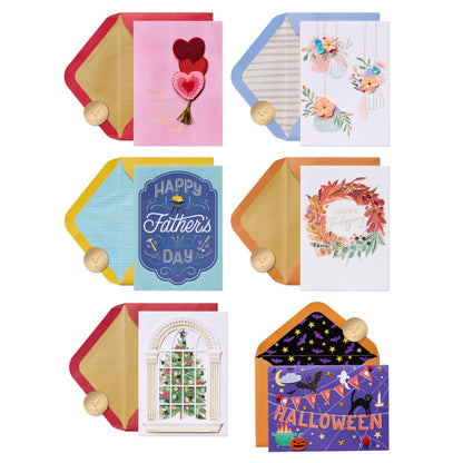 Papyrus All Holiday Card Assortment with Decorative Box, 6-Count (Valentine's Day, Mother's Day, Father's Day, Thanksgiving, Halloween, Christmas)