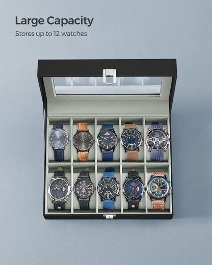 SONGMICS Watch Box, 10-Slot Watch Case Organizer with Large Glass Lid, Removable Pillows, Gift for Loved Ones, Black Synthetic Leather, Gray Lining UJWB010BK 🍁 All In One Marketplace Canada