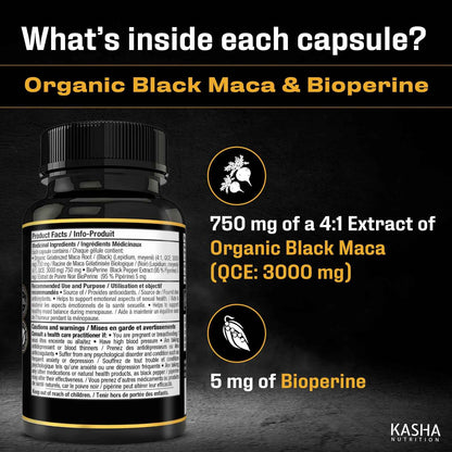 Organic Black Maca for Men & Women DHE 3000mg (Industry Strongest) with 5mg Bioperine per Capsule - Organic Gelatinized Maca for all Genders | 750 mg 4:1 Extract Maca Root / Maca Powder | Proudly Canadian | 4 Month Supply, Non-GMO, Vegan, Gluten Free, Soy